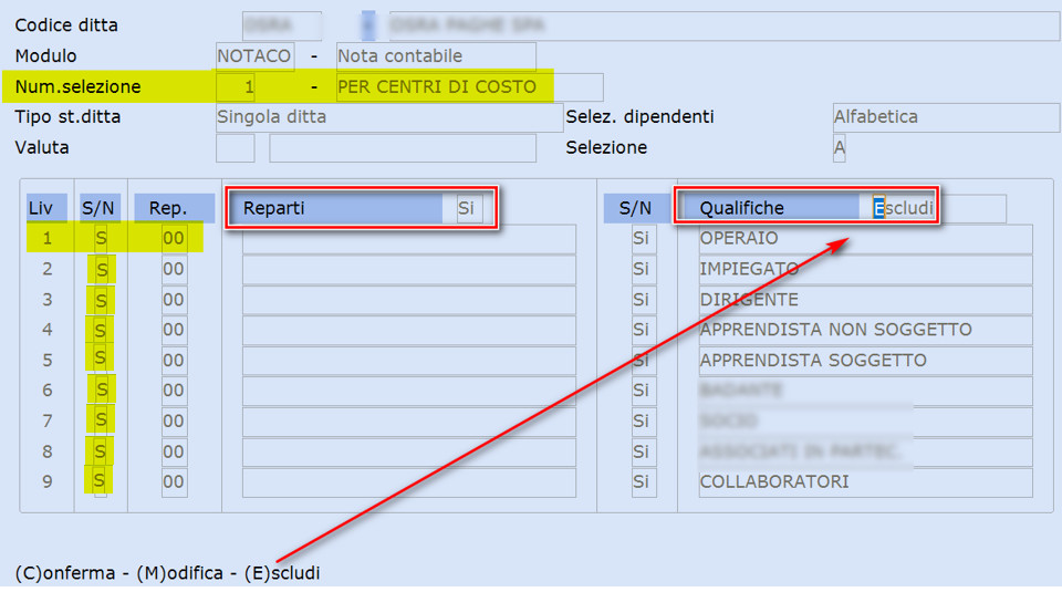 Selezione di stampa per reparti o centri di costo