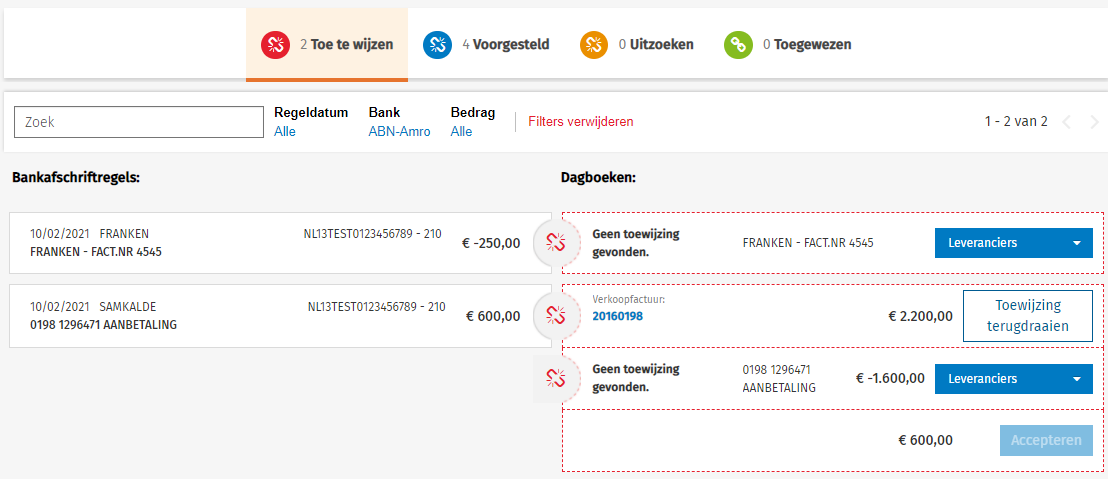 Screenshot bankenmodule Twinfield bakjes