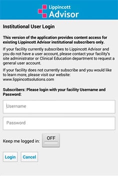 Lippincott Advisor App Installation Instructions screenshot: institutional user login