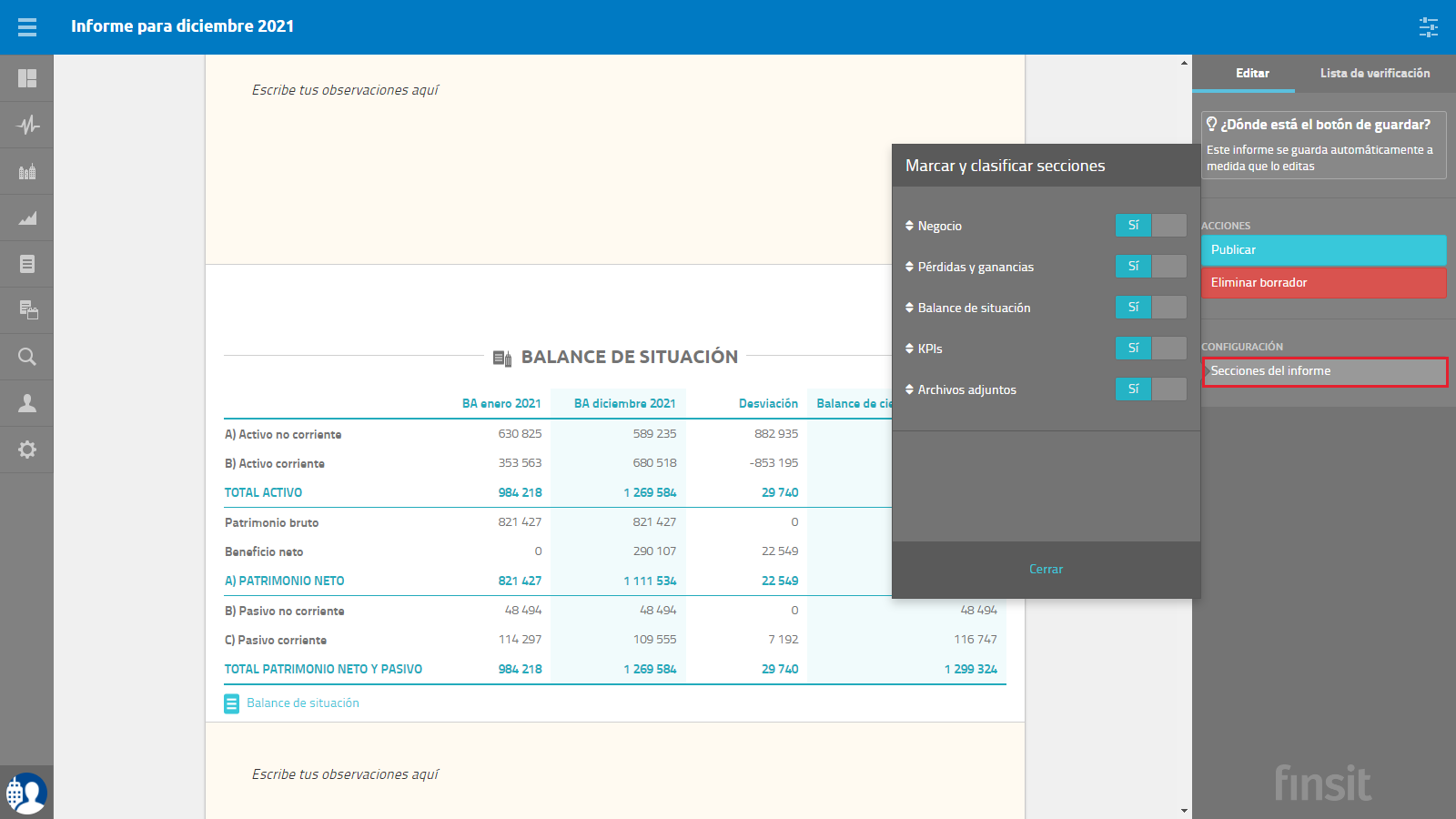 Informes periodicos configuracion de secciones