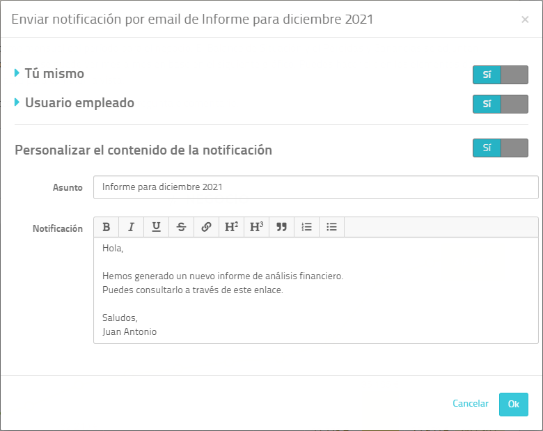 Enviar notificacion por emial de Informe