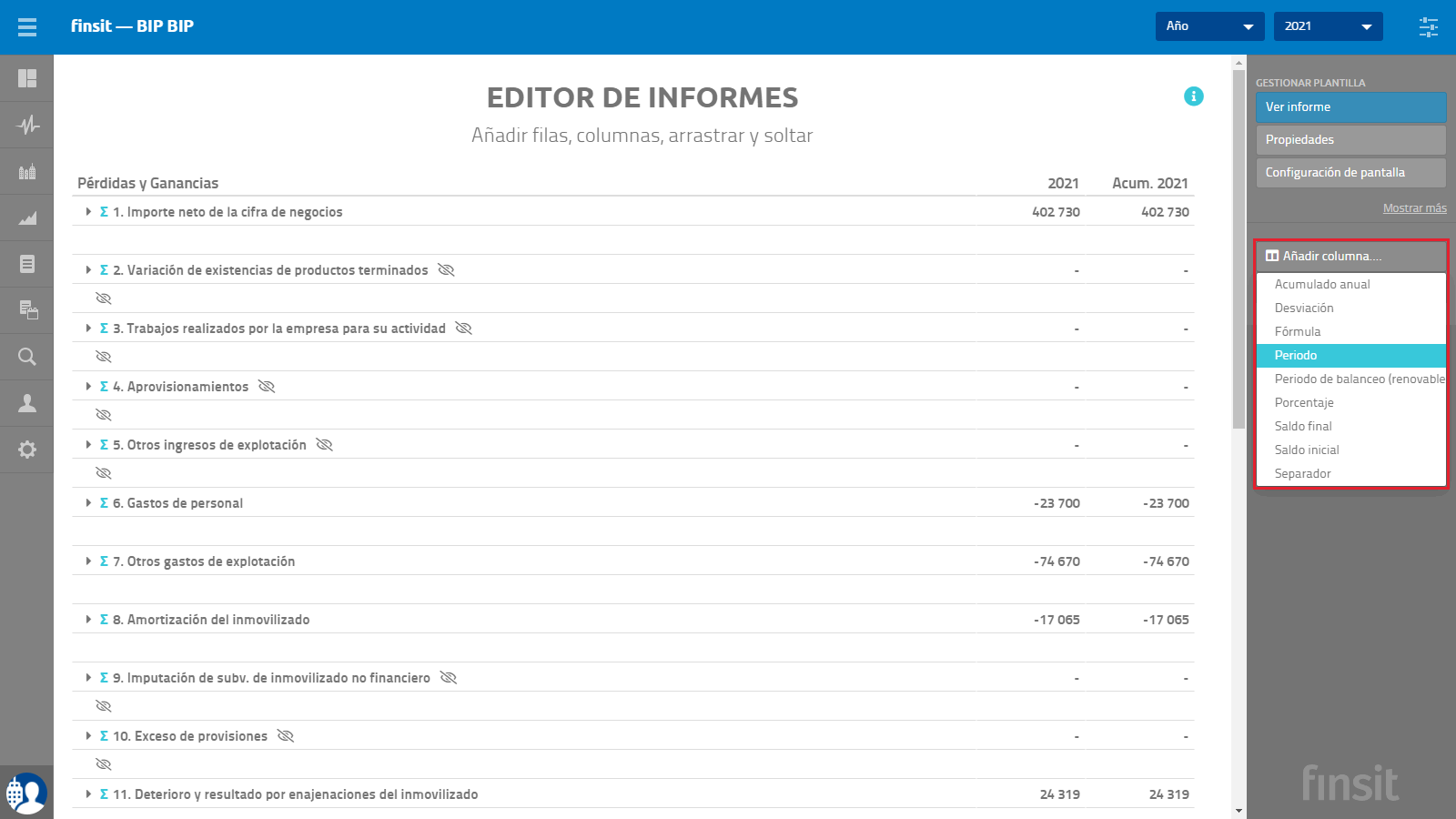 Informe Perdidas y Ganancias Anadir columna periodo