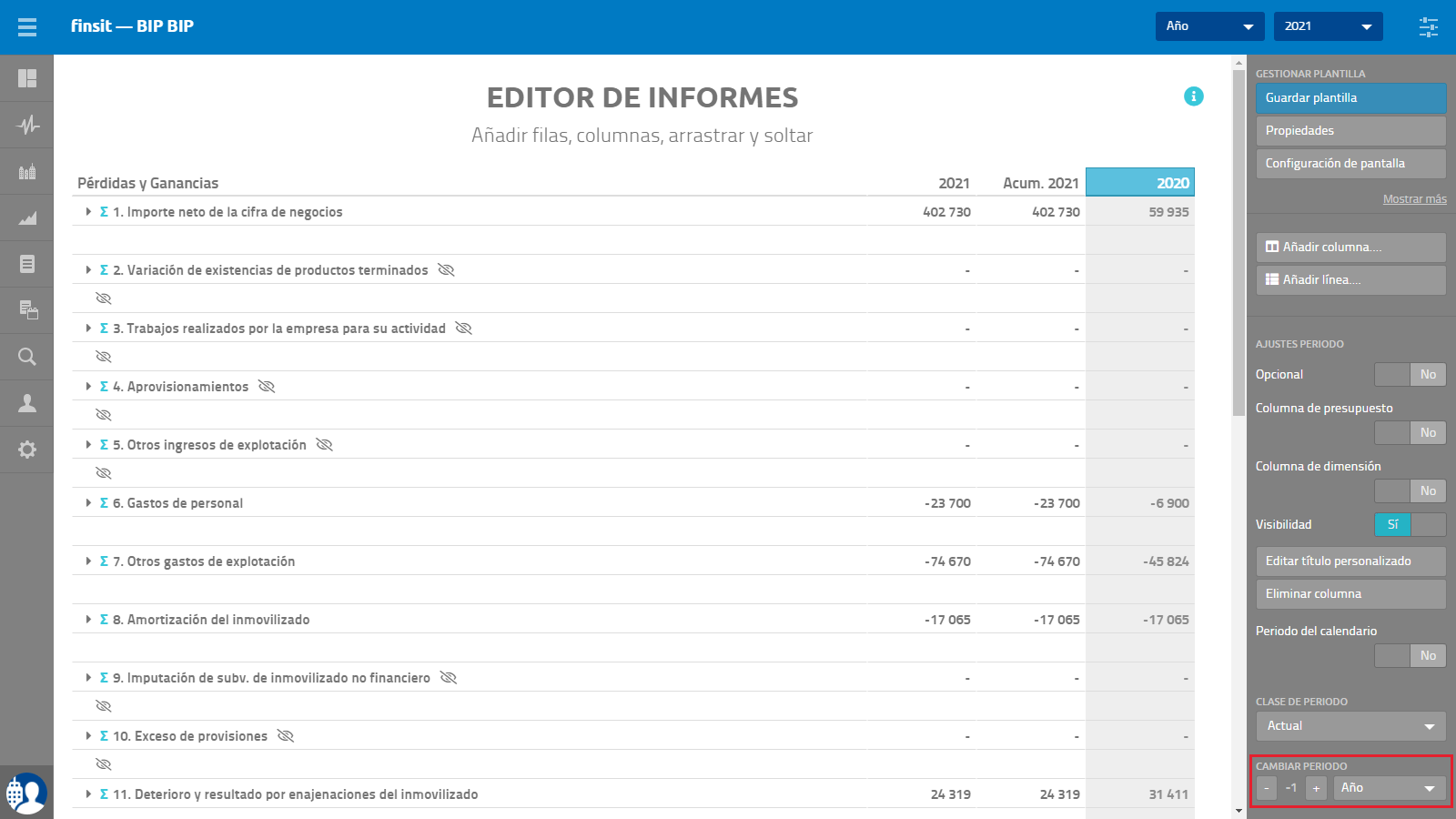 Informe Perdidas y Ganancias configurar columna