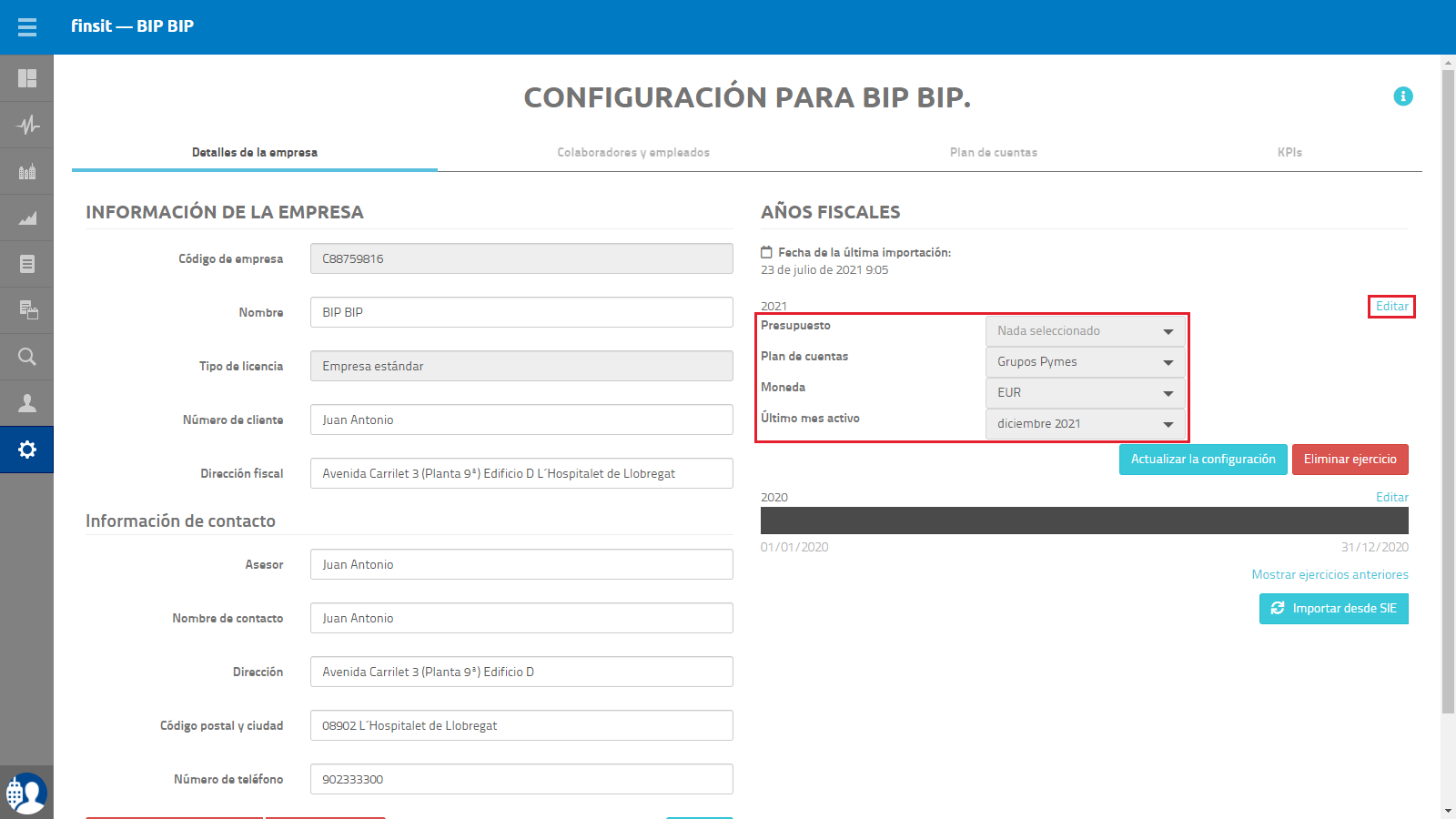 Configuracion de la empresa Anos fiscales edicion