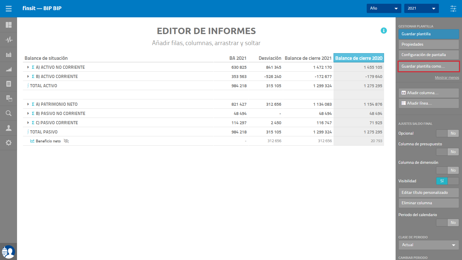 Informes Editor de informes Guardar palntilla como