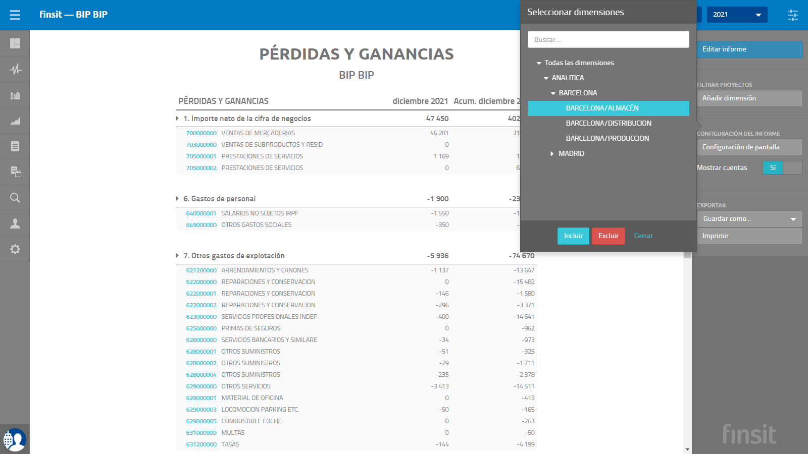Informes Perdidas y Ganancias Dimensiones