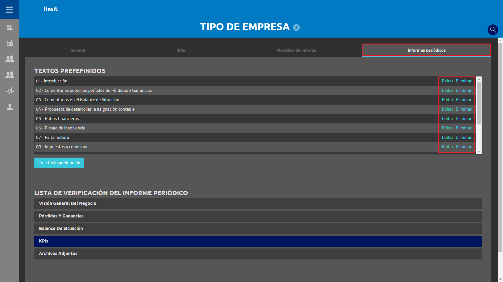 Tipo de empresa informes periodicos Textos predefinidos