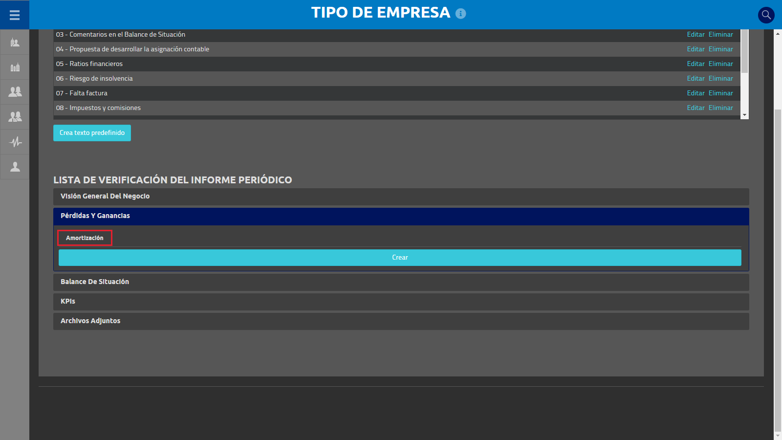Lista de verificacion del informe periodico Elemento Amortizacion creado