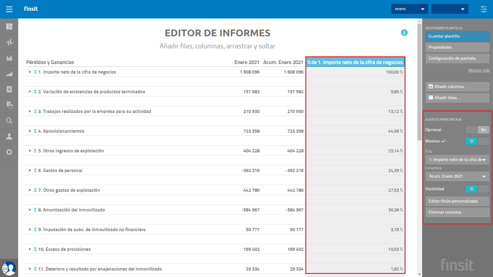 Informes periodicos Editor de informes Porcentaje
