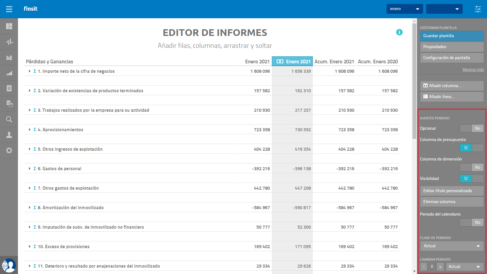 Informes personalizados Editor de informes  Ajustes periodo