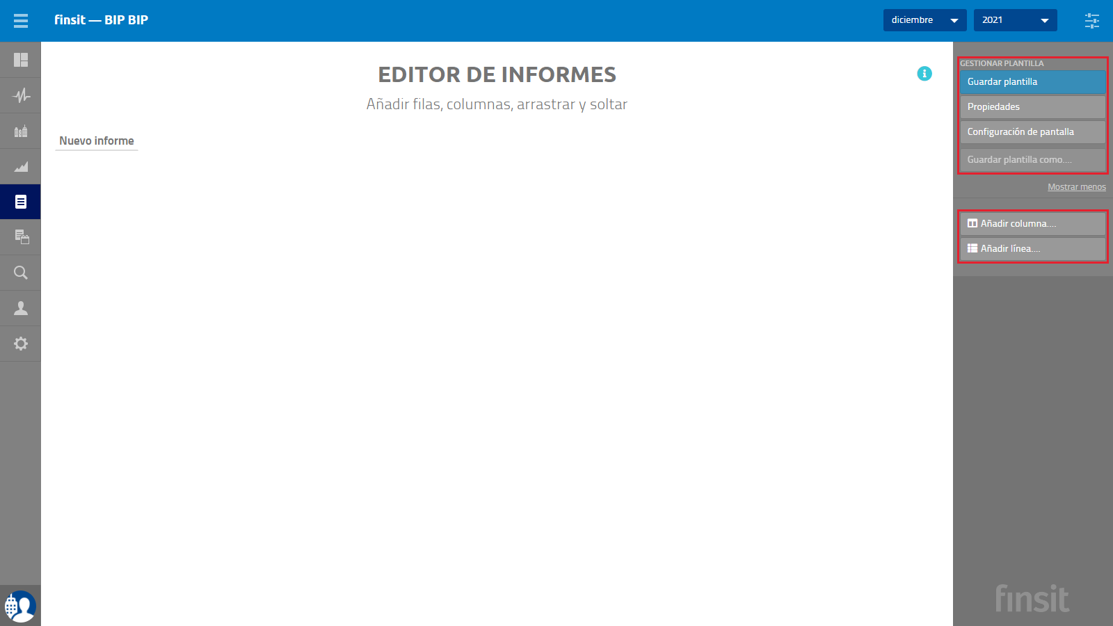 Informes personalizados Editor de informes Opciones panel
