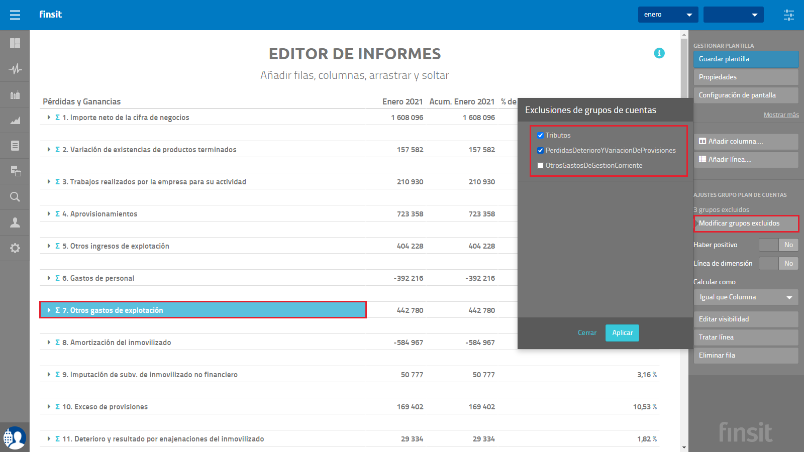 Informes personalizados Editor informe Grupos de cuentas excluidos