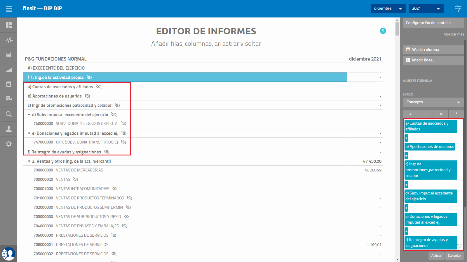 Informes personalizados Editar Formula