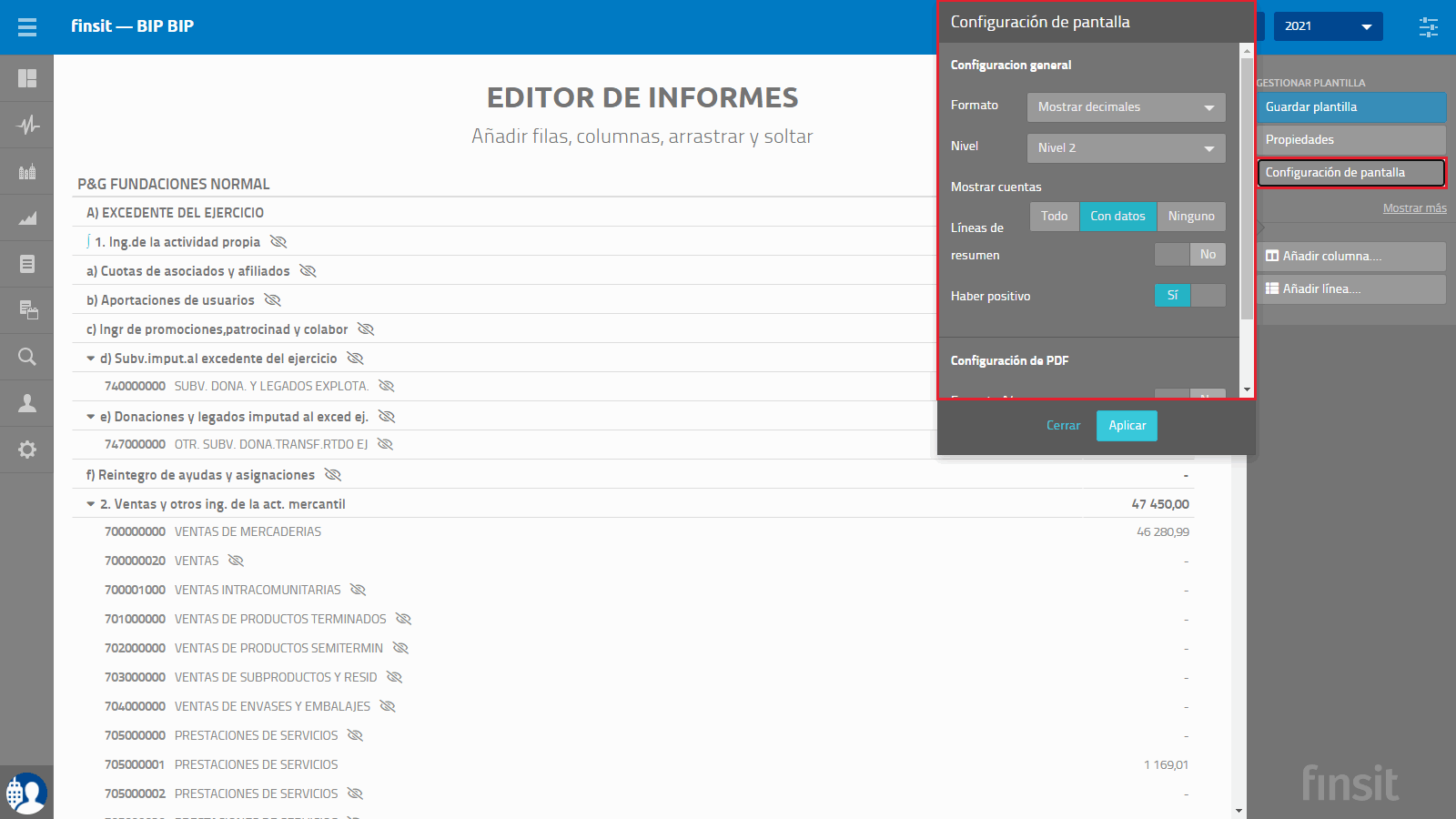Informes personalizados Configuracion pantalla