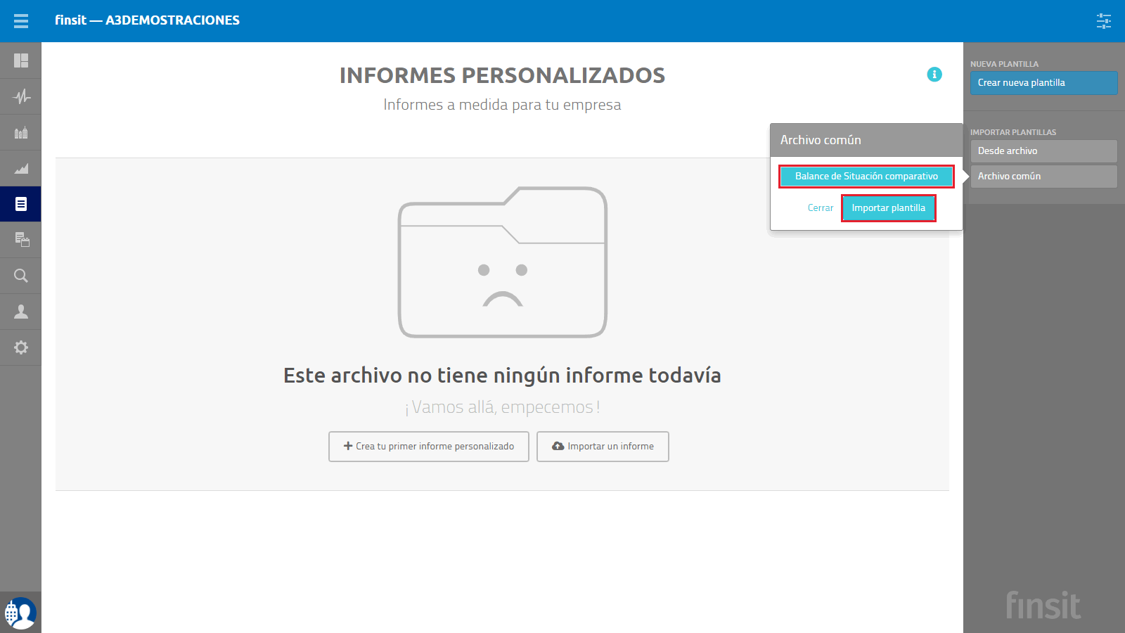 Informes personalizados Archivo comun Importar plantilla