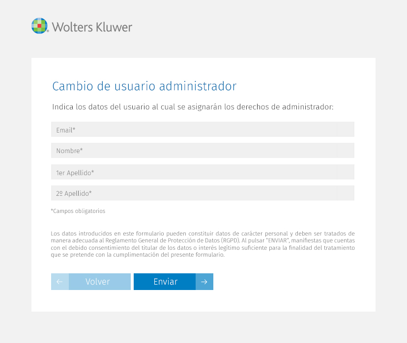 Pantalla para cambiar usuario administrador