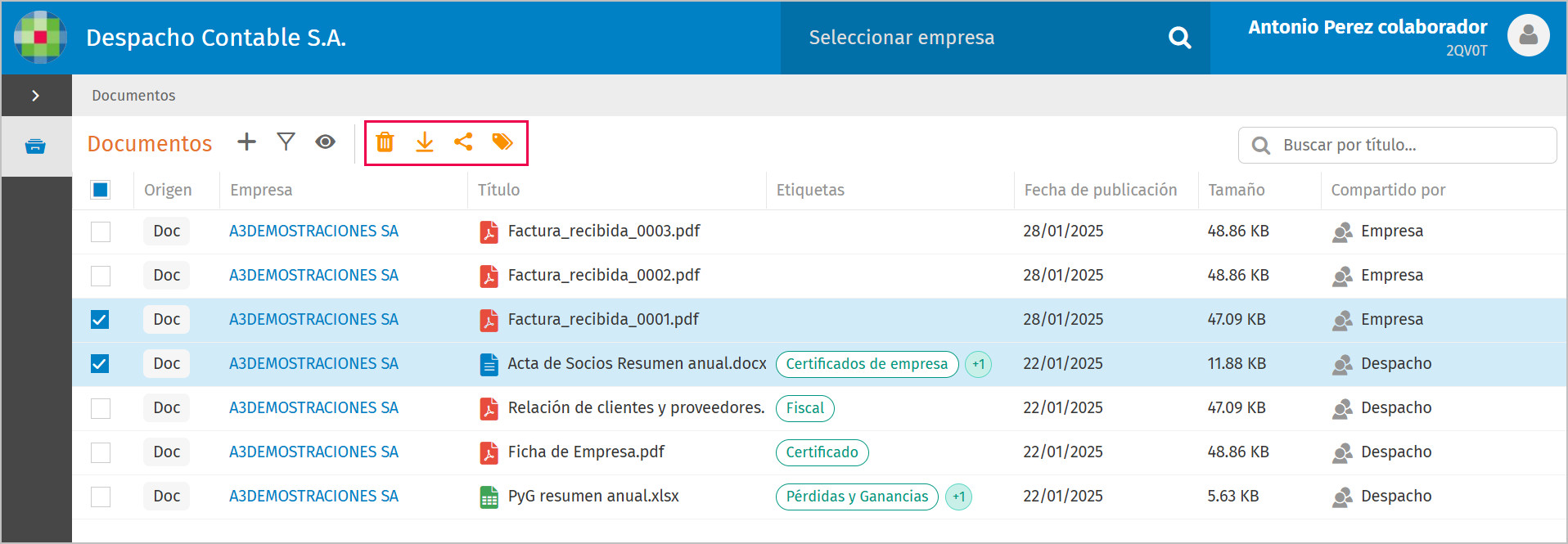 Opciones de los documentos subidos por empresa