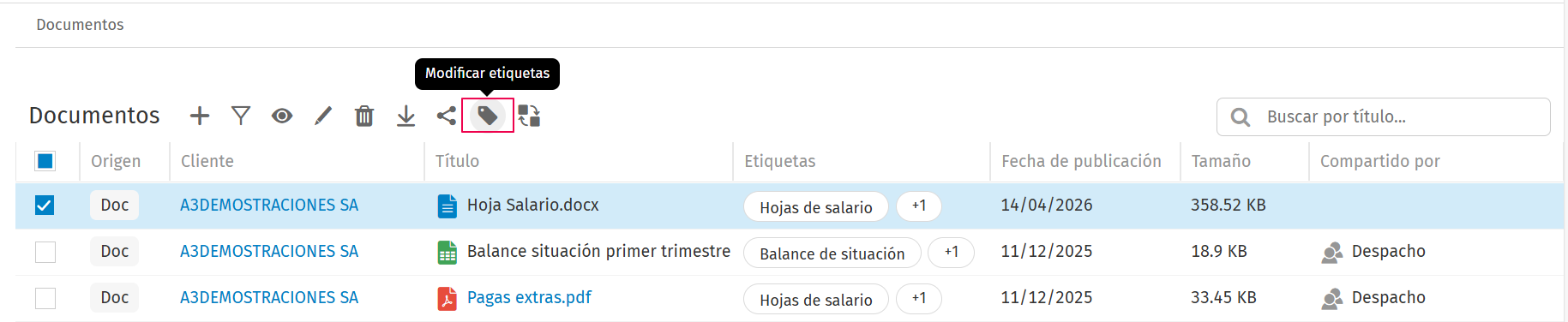 configurar etiquetas desde la relación de documentos