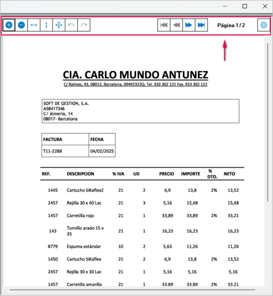 Factura Multipagina opciones de la barra superior