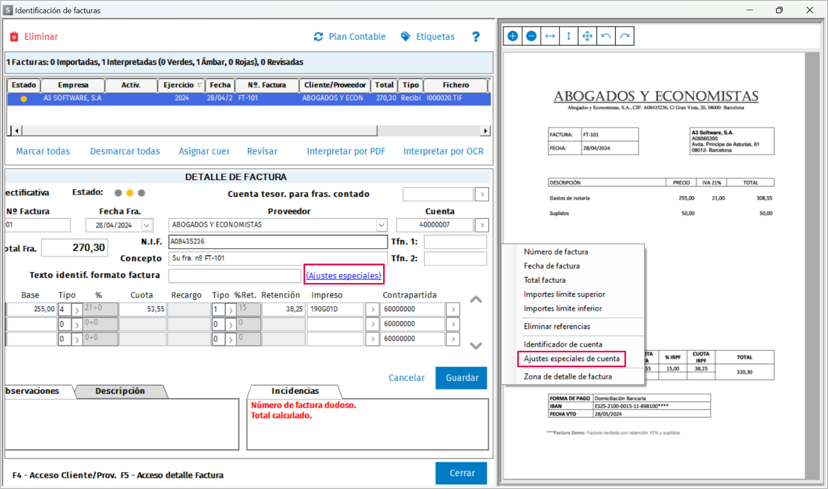 Ventana ajustes especiales de cuentas contables