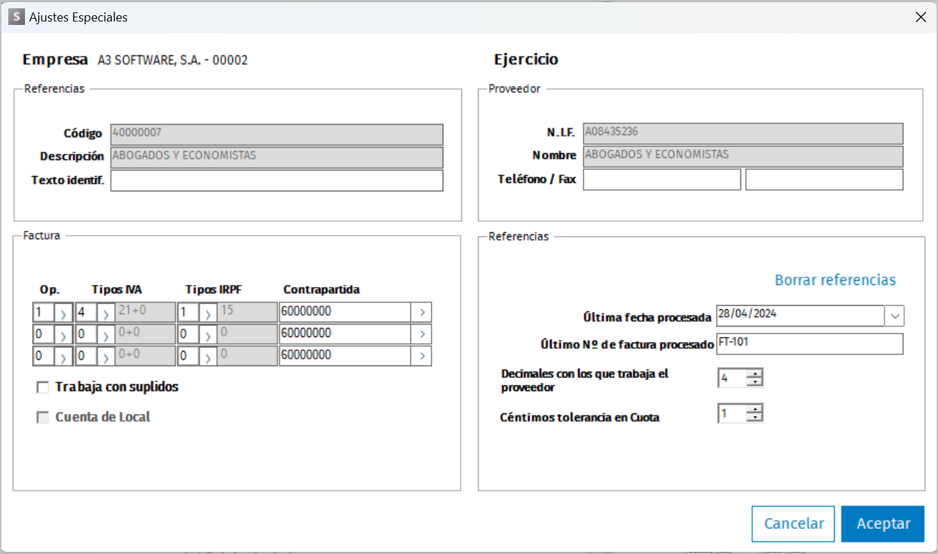 Opciones disponibles en ajustes especiales