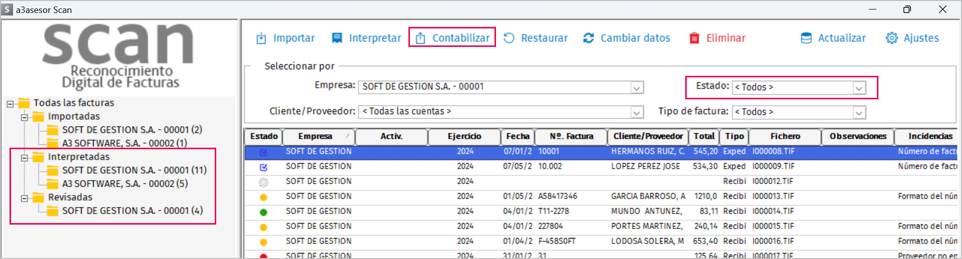 ventana principal, exportar a contabilidad