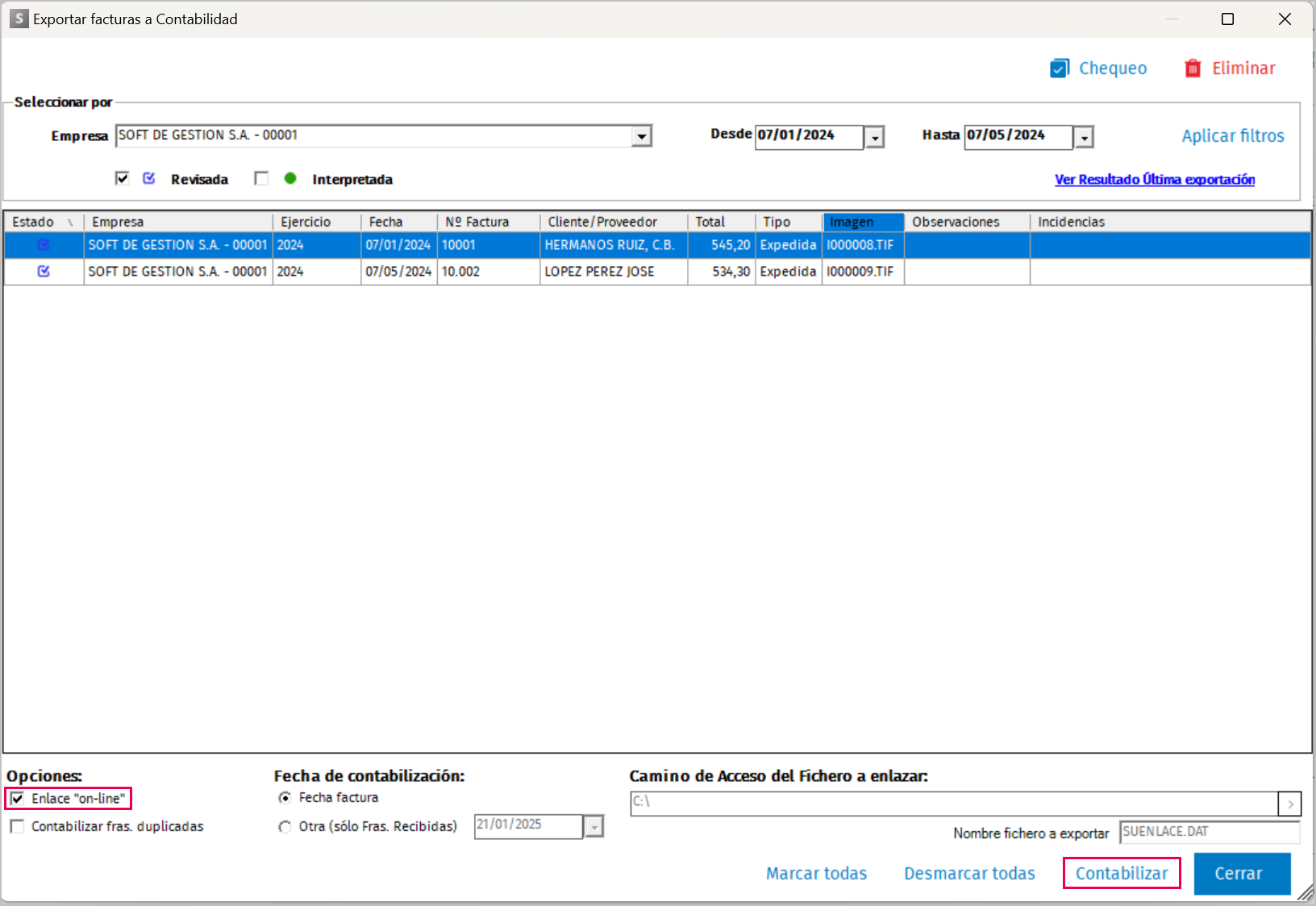 Contabilizar facturas, enlace online