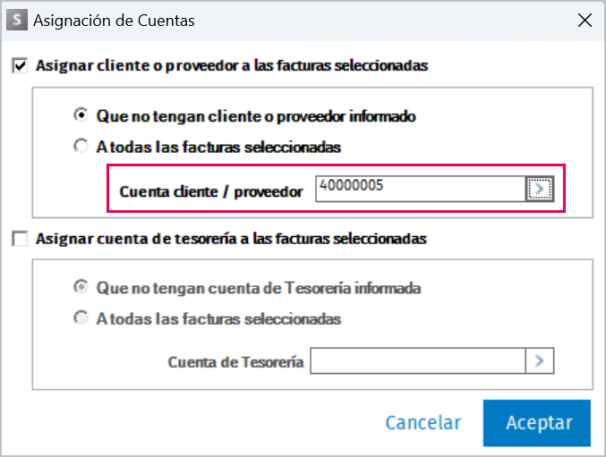 Informar cuenta de cliente o proveedor