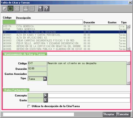 Tabla de citas y tareas