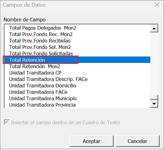 Campo de datos. Tipo Retención
