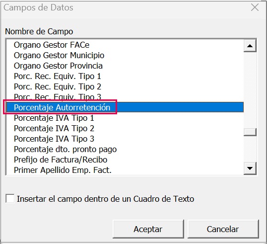 Campo de datos. Porcentajes Autorretención