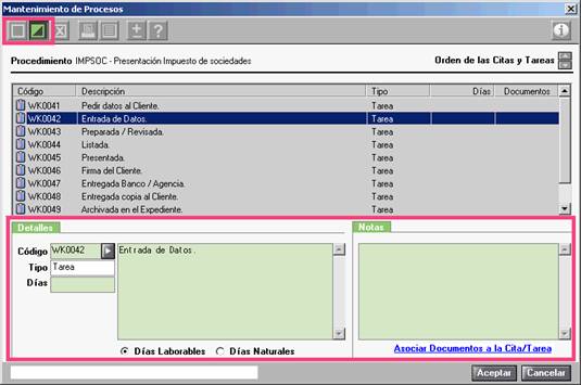 Pantalla Mantenimiento de procesos
