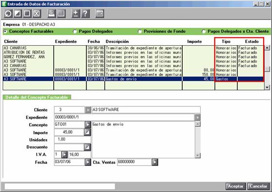 Entrada de datos de facturación