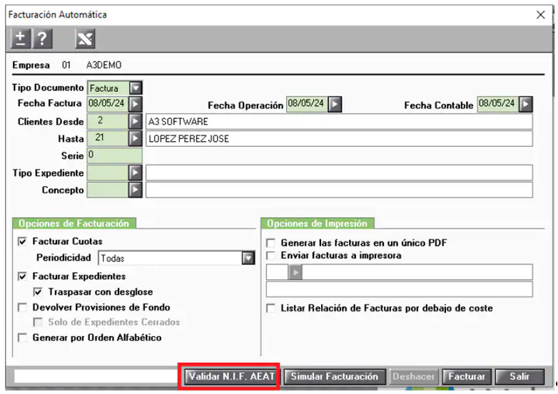 validación nif - facturación automática