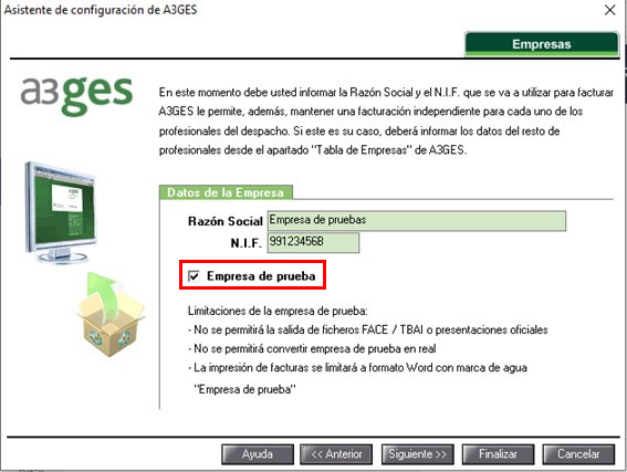 Asistente de configuración, empresa de prueba