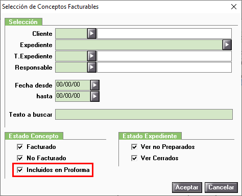 Selección de conceptos facturables