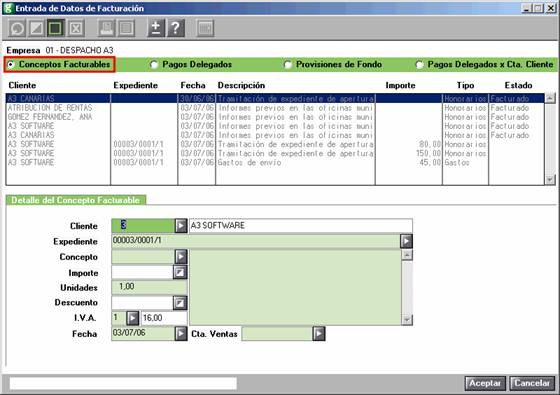 Entrada de datos de facturación