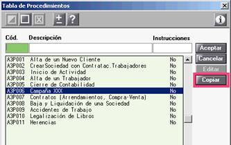 Tabla de procedimientos