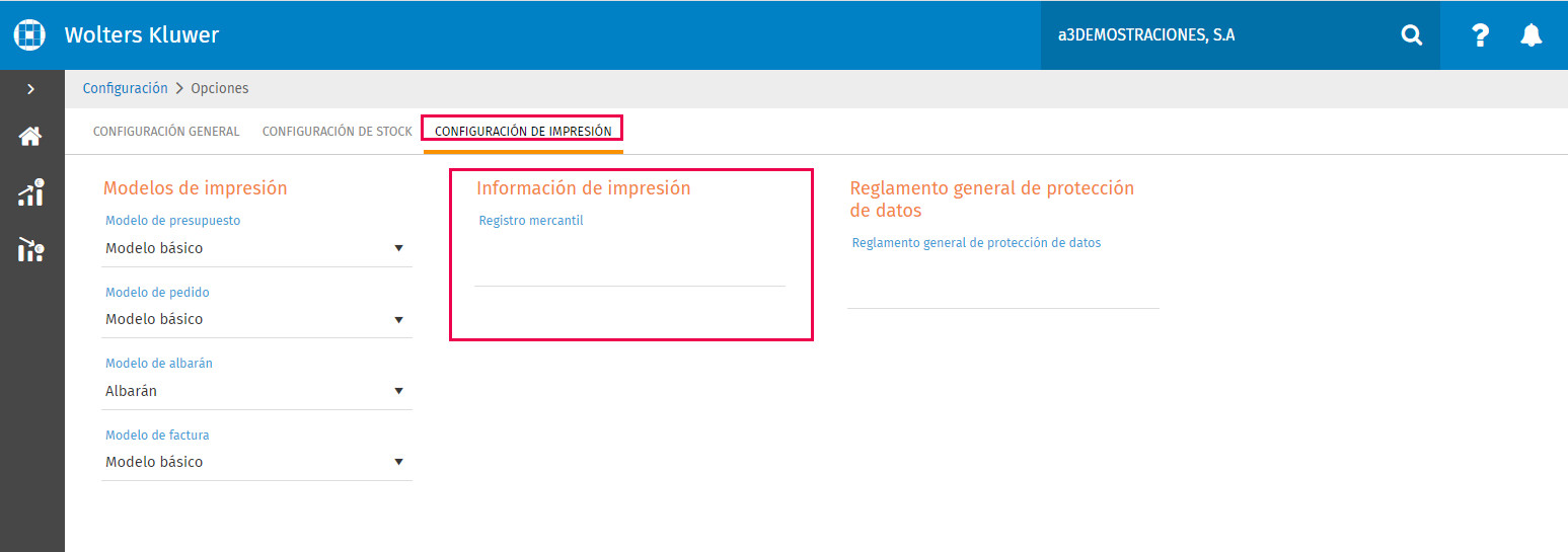 pantalla de datos registro información de impresión