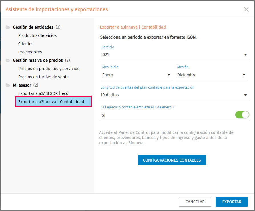 exportar a innuva conta