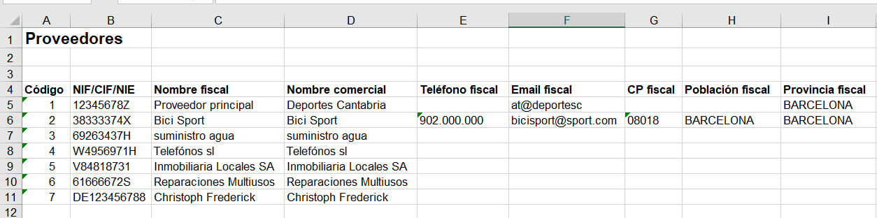 excel con informacion proveedores