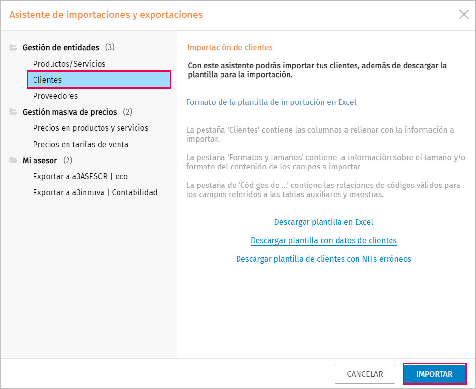 importacion de clientes