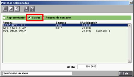 En la pantalla Persona relacionada puedes informar Socios