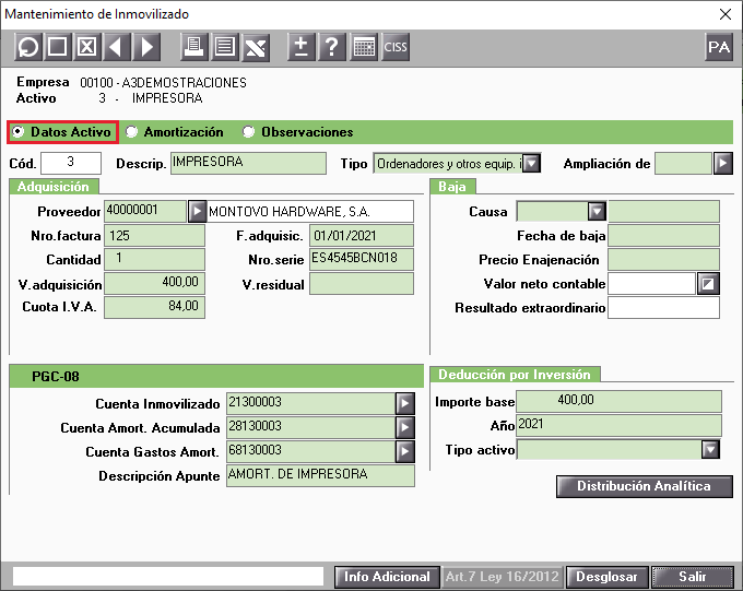 Datos Activo del Mantenimiento de Inmovilizado