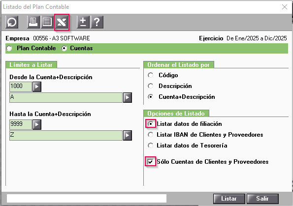 Captura de pantalla de la ventana Listado del Plan Contable