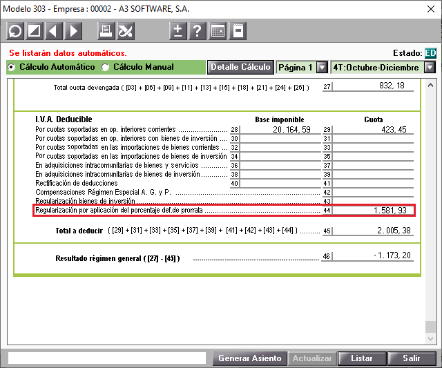 Modelo 303 Pagina 1 Casilla 44 Regularizacion por aplicacion del porcentaje definitivo de prorrata