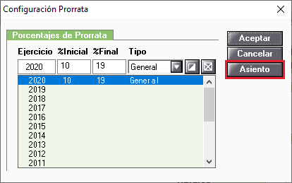Acceso al asiento de prorrata desde la configuracion de la prorrata