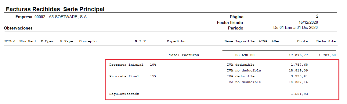 listado libro de registros Facturas recibidas por pantalla