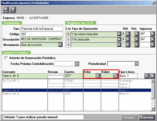 Modificación de asientos predefinidos