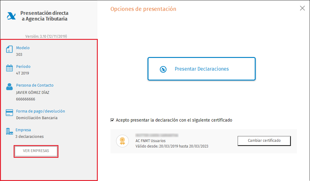 PDA Opciones de presentacion masiva Ver empresas
